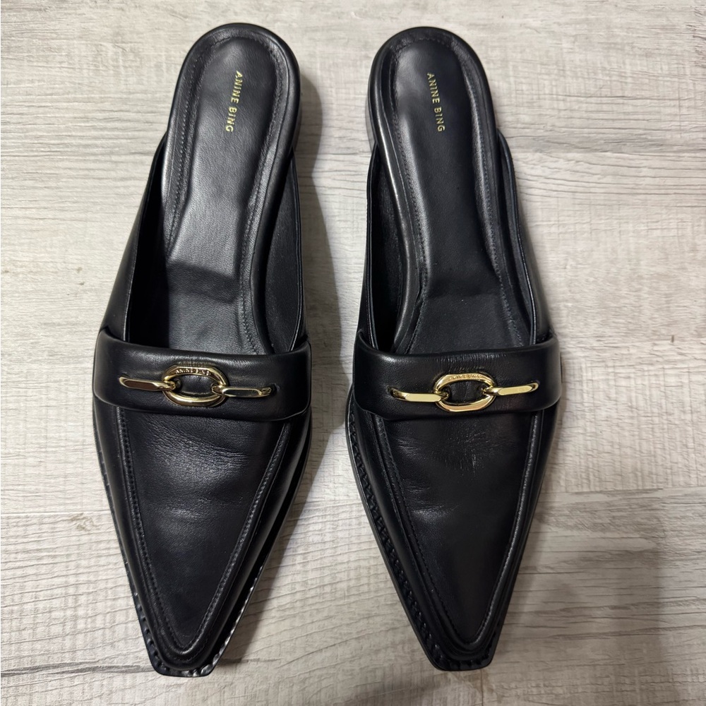 Anine Bing Black Leather Mules with Gold Accent
